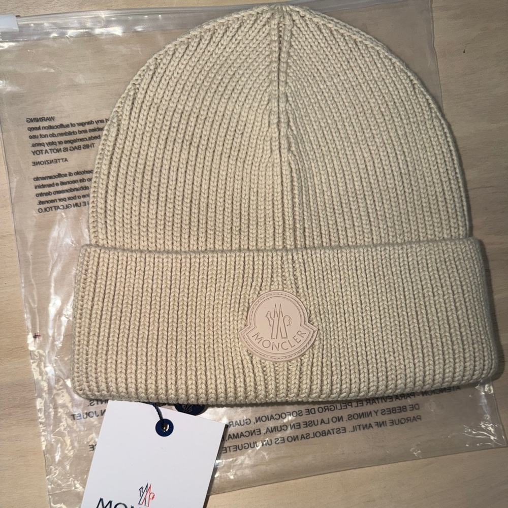 Moncler Beige Ribbed Knit Hat